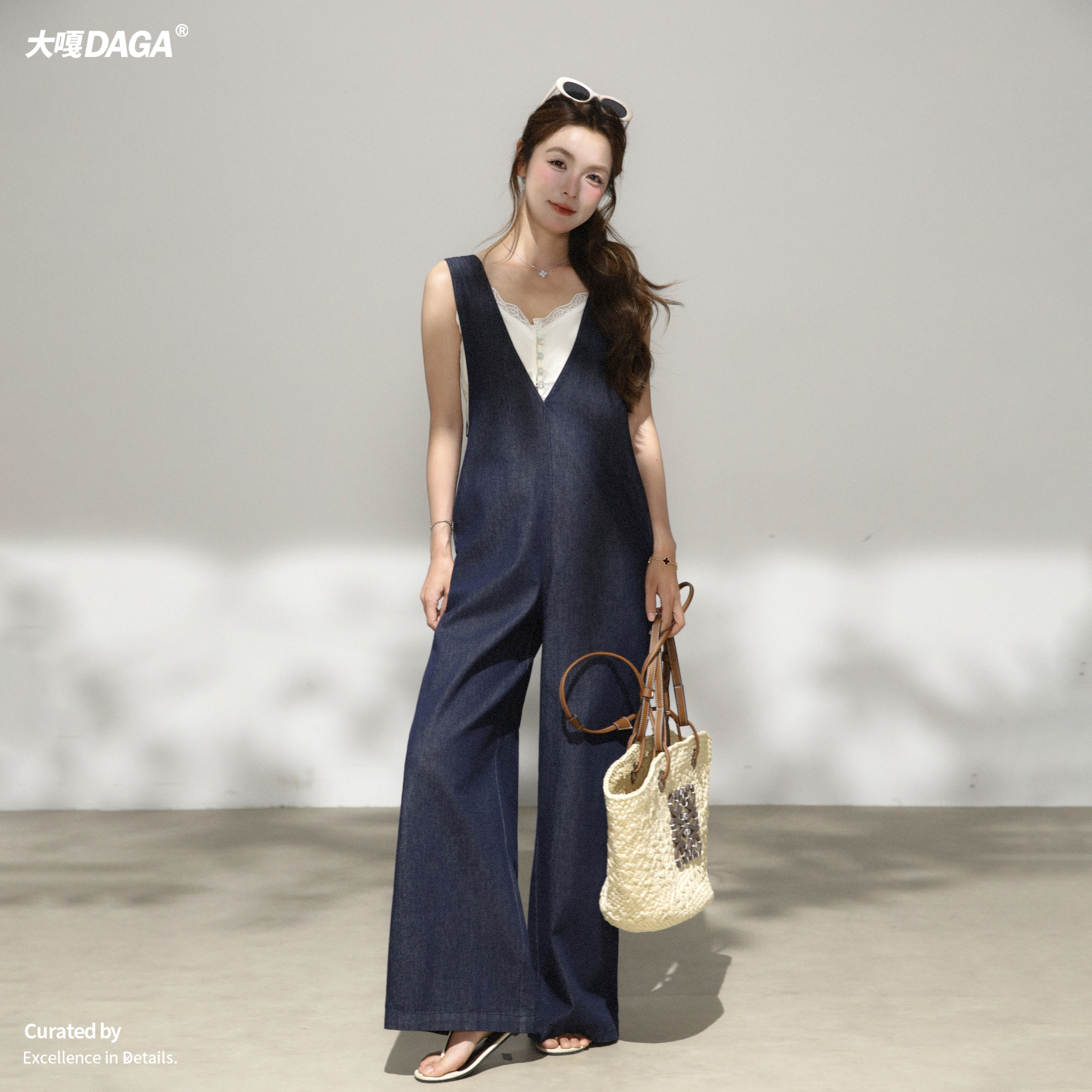 大嘎daga可调节天丝牛仔时尚连体长裤夏薄款阔腿背带裤女2026新款