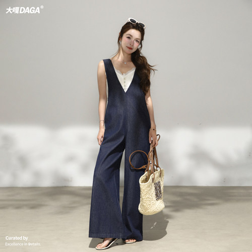 DAGA高腰长裤连体背带牛仔裤女夏