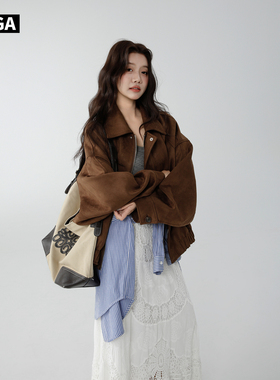 大嘎daga蝙蝠袖翻领夹克麂皮绒外套女2026新款春韩版宽松百搭短款