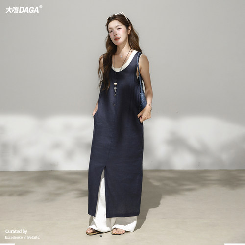 气质老钱风亚麻连衣裙背心长裙女