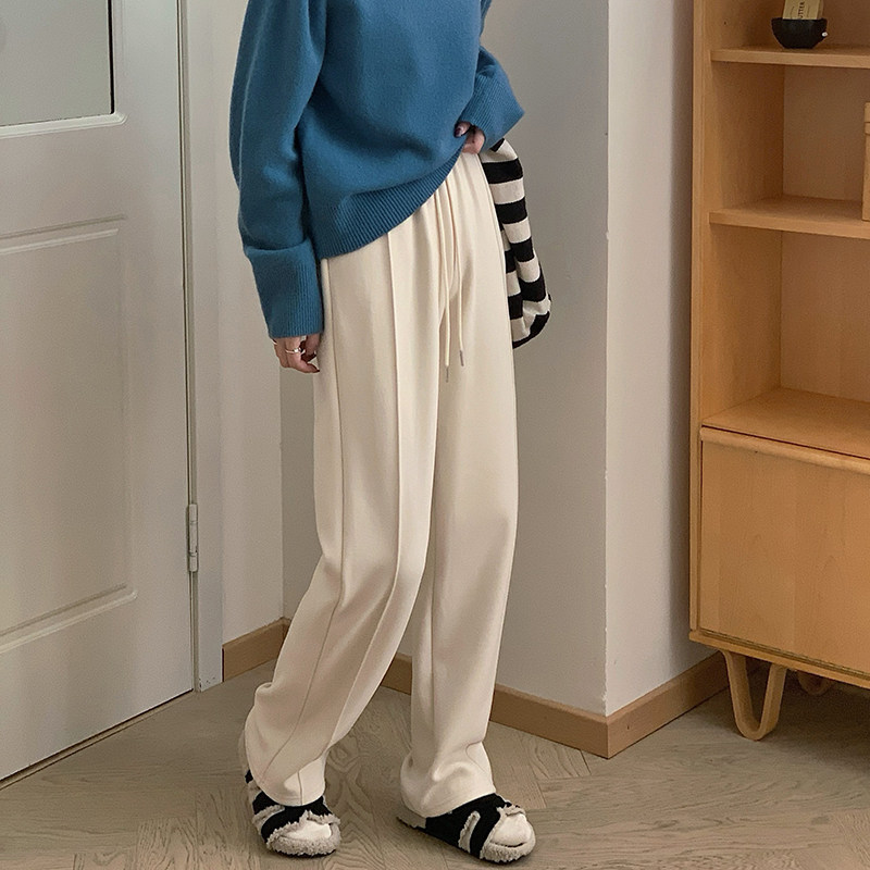 韩版百搭松紧腰直筒窄版糯米裤