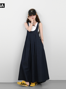 大嘎daga日杂连衣裙女夏2025新款背心牛仔吊带长裙背带裙两件套装