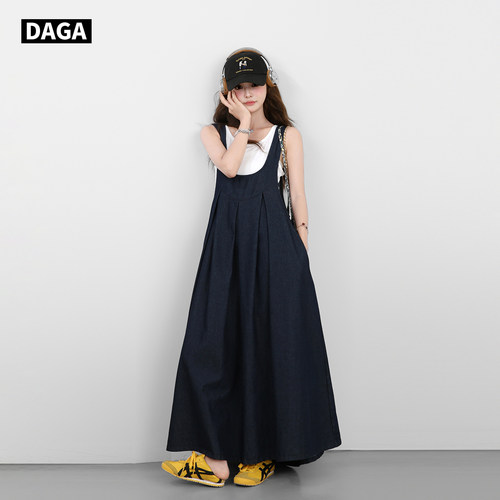 日杂风背心牛仔背带长裙两件套装