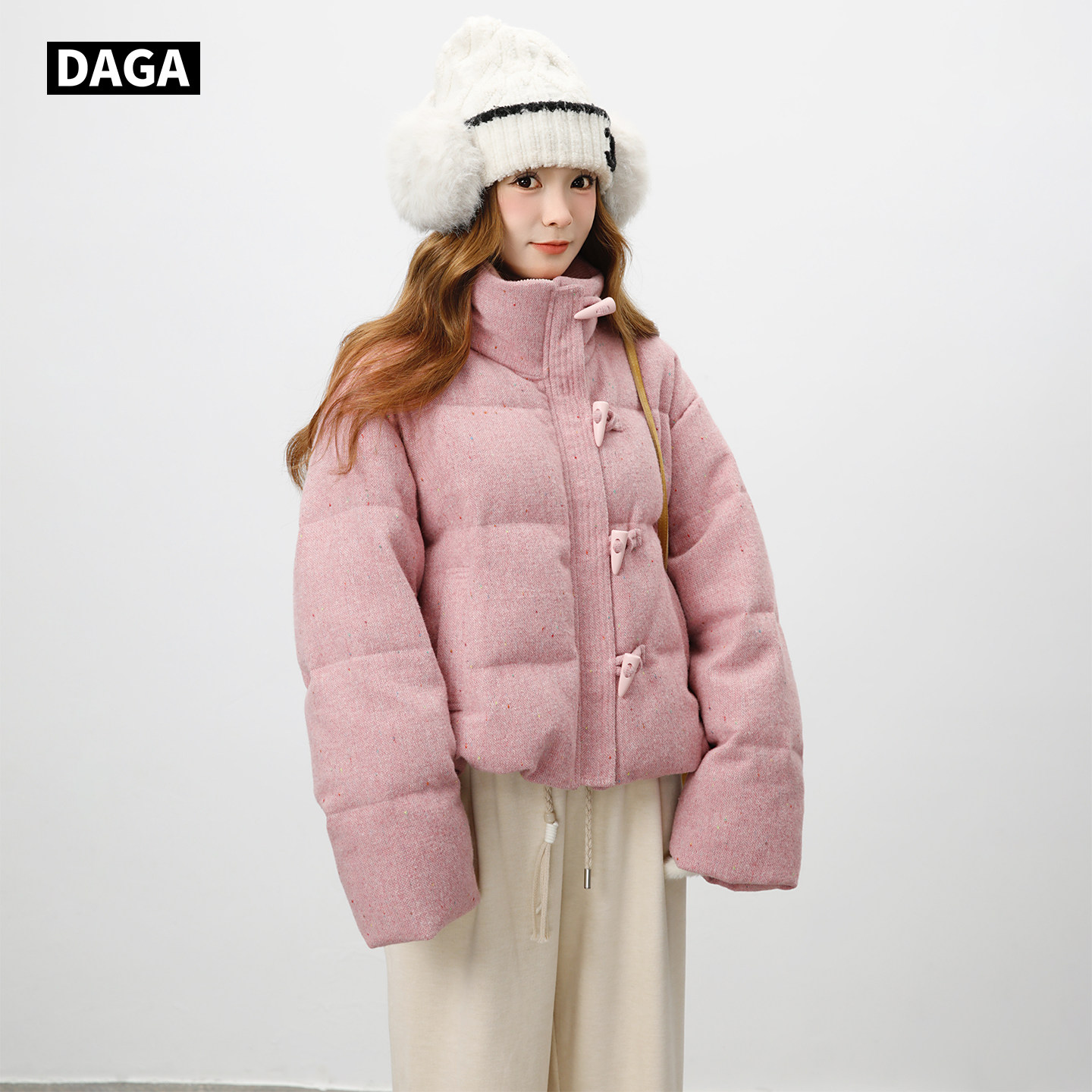 跨年新款粉色彩点大嘎daga巨好看少女甜美羊毛呢牛角扣短款羽绒服,女装/女士精品,羽绒服,淘宝优惠券,粉丝福利购,淘宝优惠卷