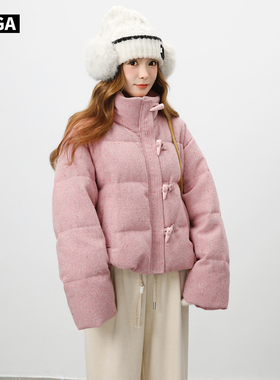 跨年新款粉色彩点大嘎daga巨好看少女甜美羊毛呢牛角扣短款羽绒服