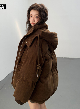 大嘎daga高端灯芯绒羽绒服女款2025新款咖色小个子短款连帽面包服