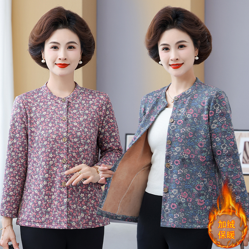 妈妈秋冬新款加绒衬衫外套女中老年奶奶冬装短款碎花加厚保暖衬衣