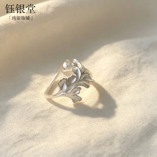 枫叶S925纯银哑光戒指女复古韩国小众设计高级感ins风开口指环