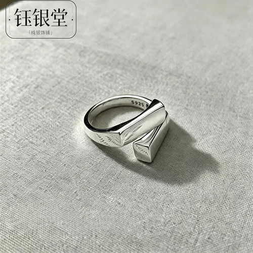 戒指 S925纯银交错方块几何指圈女建筑风ins博主同款开口指环送礼
