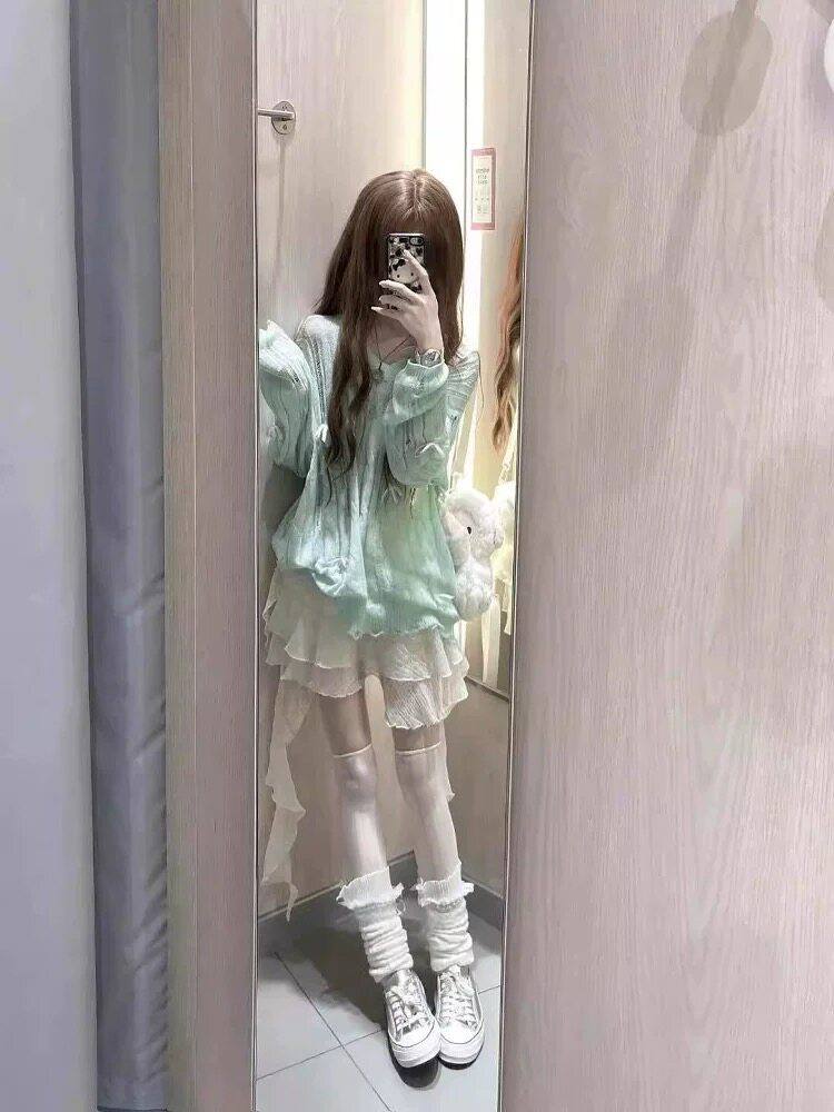 薄荷曼波绿色镂空防晒罩衫女夏季宽松慵懒风小众蝴蝶结针织衫上衣图片