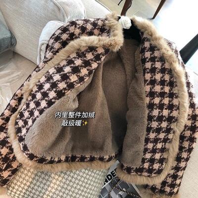 水貂毛小香风千鸟格毛呢外套女冬季新款加绒加厚真毛边格子大衣
