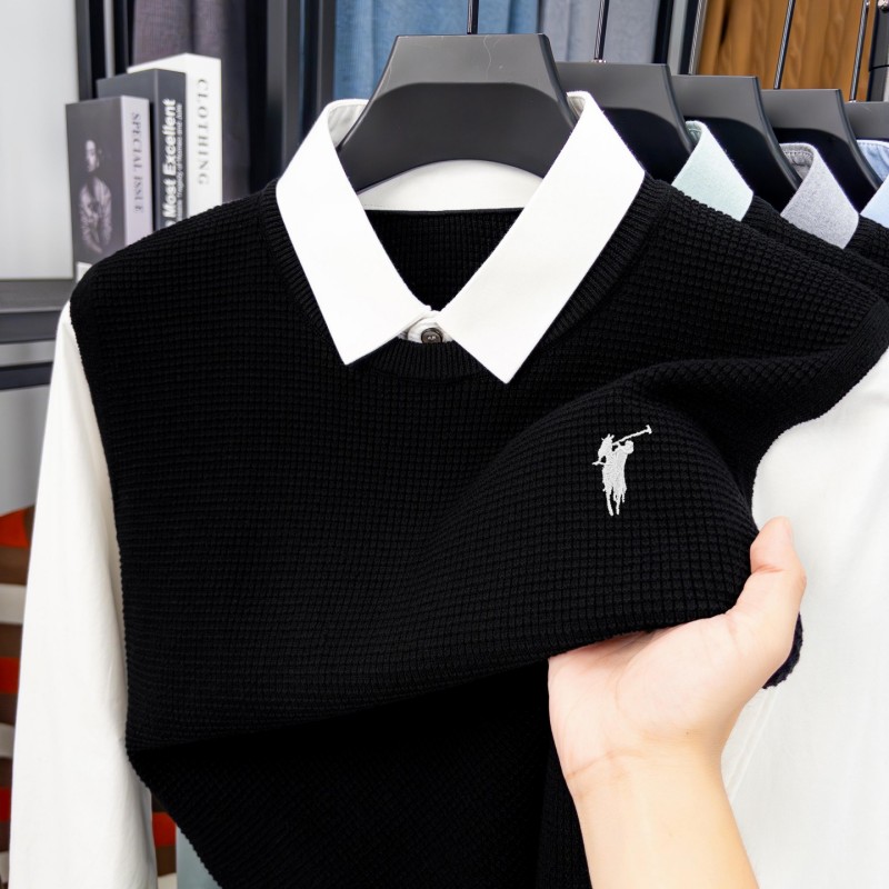 奥莱品牌折扣25秋新款男士纯色假两件套高端大气针织衫上衣Polo衫