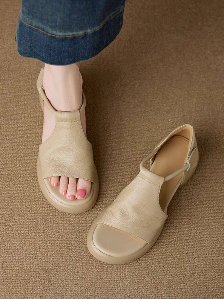 Новые летние сандалии на толстой подошве из мягкой овчины Giant good wear; женские удобные универсальные повседневные туфли в римском стиле с открытым носком на липучке в римском стиле Изображение 1
