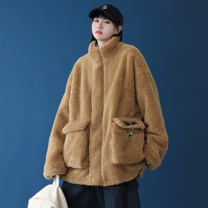 2026冬季新款港风大码中性蓝底两面穿羊羔毛外套M-3XL-MY012-P125,女装短外套,星座417-1（原电商B245）