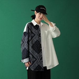 春季新款中性蒙马特宽松大码腰果花拼接男女衬衫M-5XL-CS002-P40图片