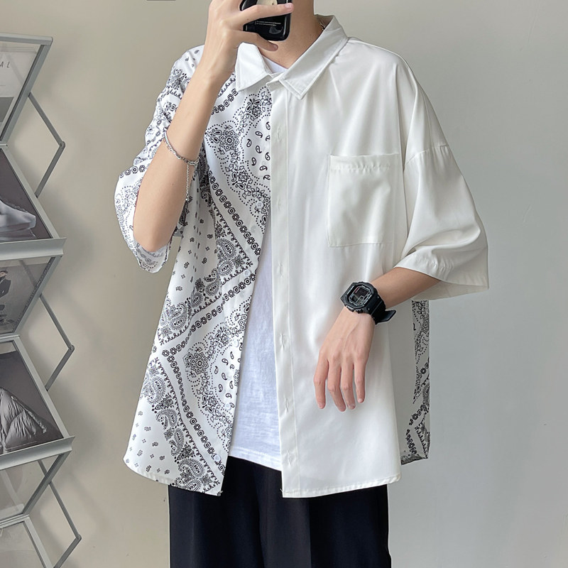 2026新款短袖衬衫腰果花拼色港风宽松大码休闲衬衣M-5XL-CS10-P38,男装T恤,星座417-1（原电商B245）