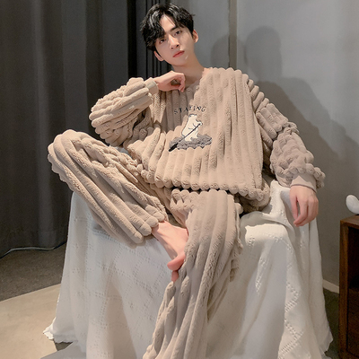 男士珊瑚绒睡衣加绒加厚套装