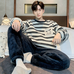 家居服男套装 睡衣男士 青少年2024新款 天珊瑚绒加厚加绒秋冬款 冬季