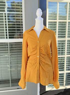 清仓美国直邮金色橙色Mi*chea| K口rs 褶皱长袖衬衫不换不退MK