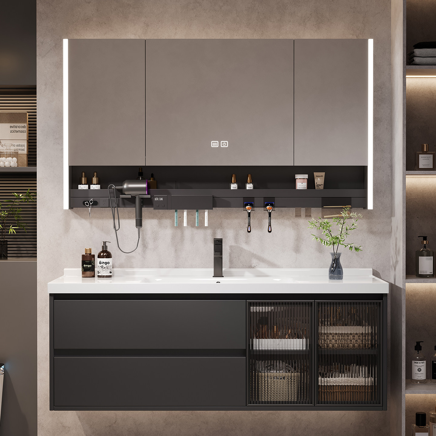 陶瓷一体盆智能浴室柜组合卫浴套装洗手洗脸面盆镜卫生间洗漱台