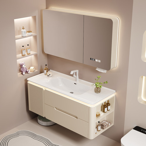 卫生间奶油风实木智能侧边浴室柜