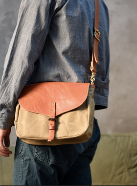 （售完欣赏）植鞣革帆布邮差包男士复古斜背包挎包拼真皮单肩包