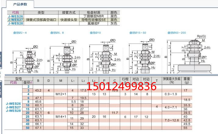 怡合达真空吸盘J-WES26-d10 J-WES27-d15-d20/-d25/d30/d40/d50