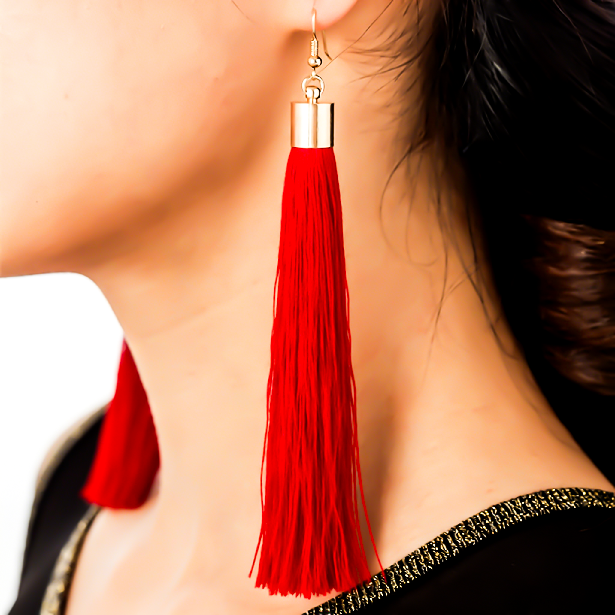 新款潮流红色长款流苏耳环耳钩女流苏穗子垂坠耳饰品复古古装装饰