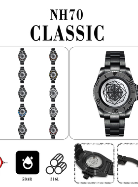 PVD黑色机械手表40mm精钢表壳+带+蓝宝玻璃+镂空转盘指针搭配NH35