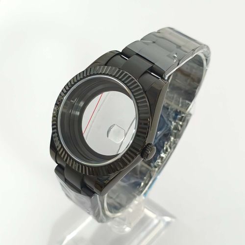 手表配件41mm电镀全黑表壳+三株滚珠带透底蓝宝镜面适装8285机芯