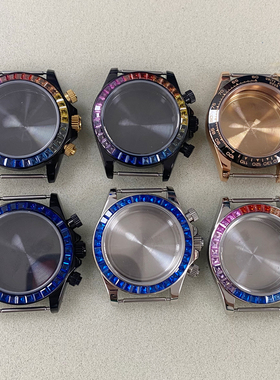 PVD黑色/钢色39MM石仔精钢表壳彩色/蓝色表圈只适合日本VK63机芯