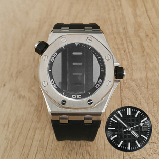 手表配件双把头42MM精钢表壳字面指针+橡胶表带可装8215/2813机芯