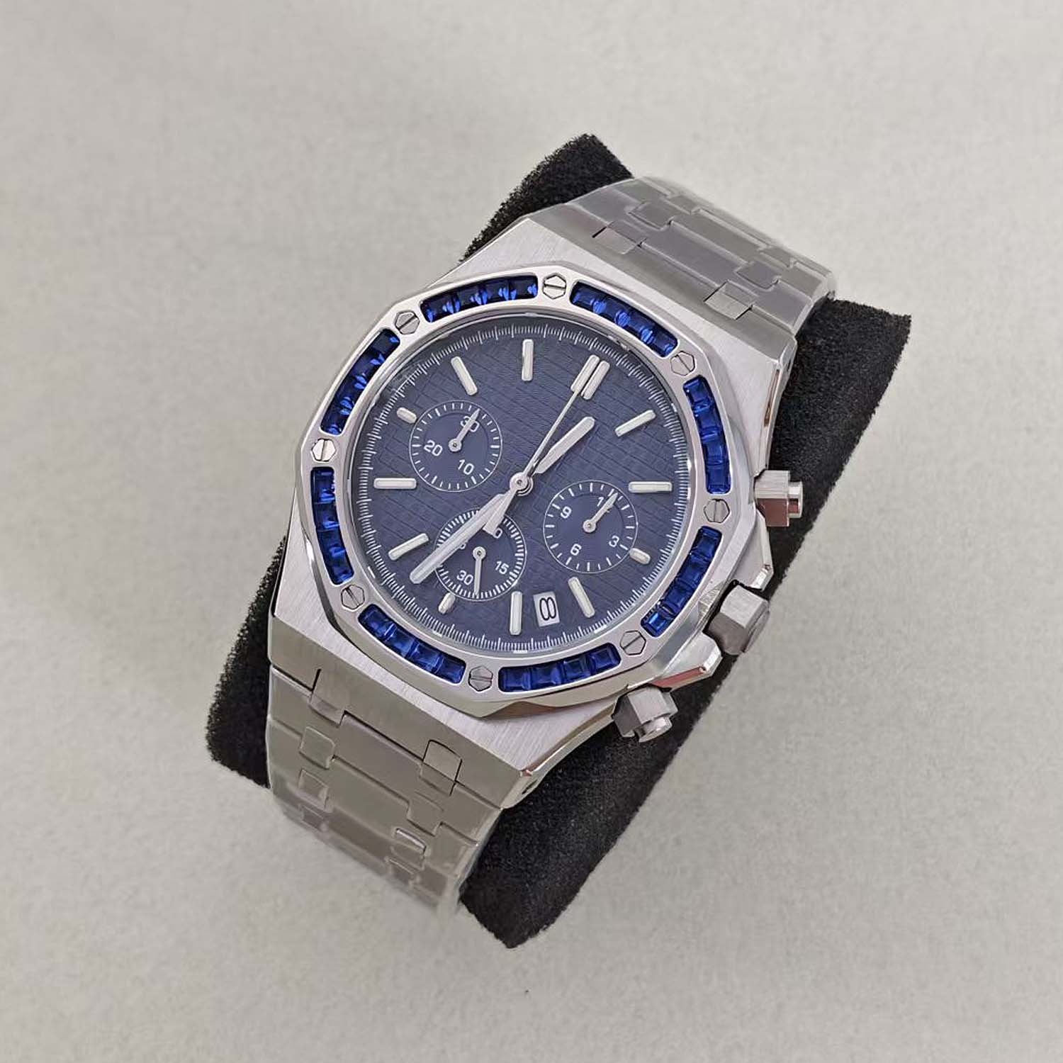 新款41mm精钢带砖表壳+表带石英男士计时码手表搭配日本vk63机芯