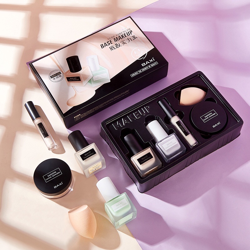 巴茜轻颜小肌密底妆五件套 粉底液遮瑕液隔离霜散粉套装国货彩妆