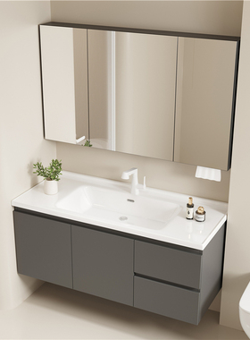 304不锈钢浴室柜组合卫生间灰色陶瓷一体洗手洗脸盆包安装洗手台