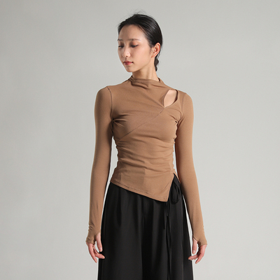 D397舞蹈服女现代舞古典舞芭蕾舞高弹螺纹长袖高领开洞全棉紧身