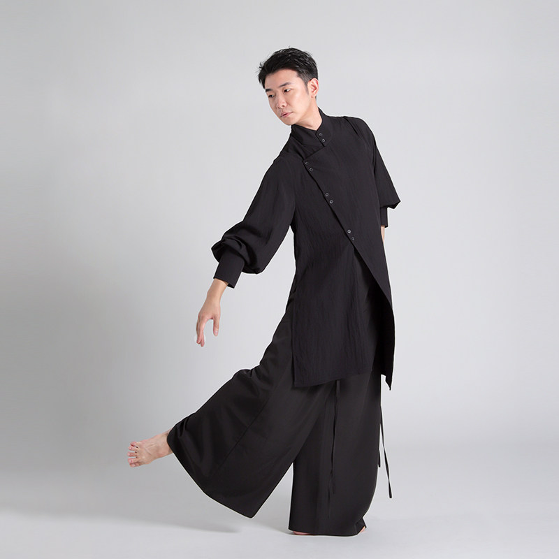 F01现代舞演出服立领长款衬衫风衣