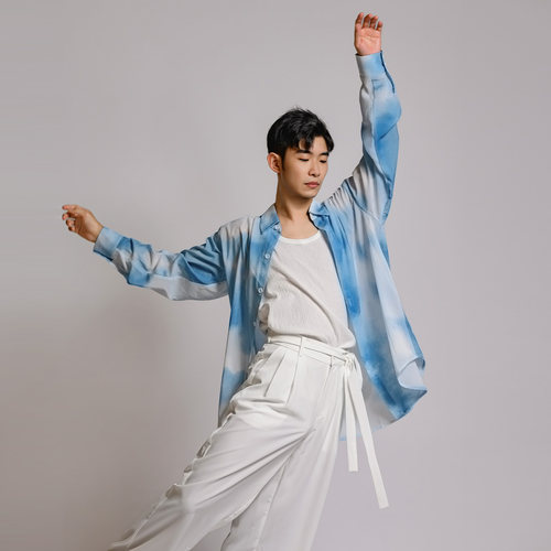 D398水墨印花衬衫现代舞练功演出服训练服设计高端男女胡沈员