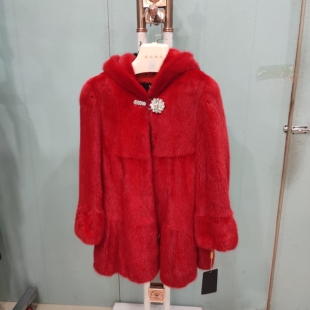 带帽水貂韩版 外套海宁皮草进口貂皮大衣女整貂中长款 新款