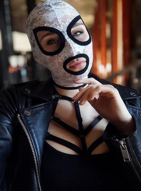 白色蕾丝花纹情趣头套弹力面罩开小嘴全包情感面具cos性感女生戴