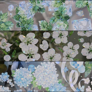 朝夕手帐碎冰薄荷梨花落雨后涟漪贝壳光pet和纸胶带分装拼贴贴纸