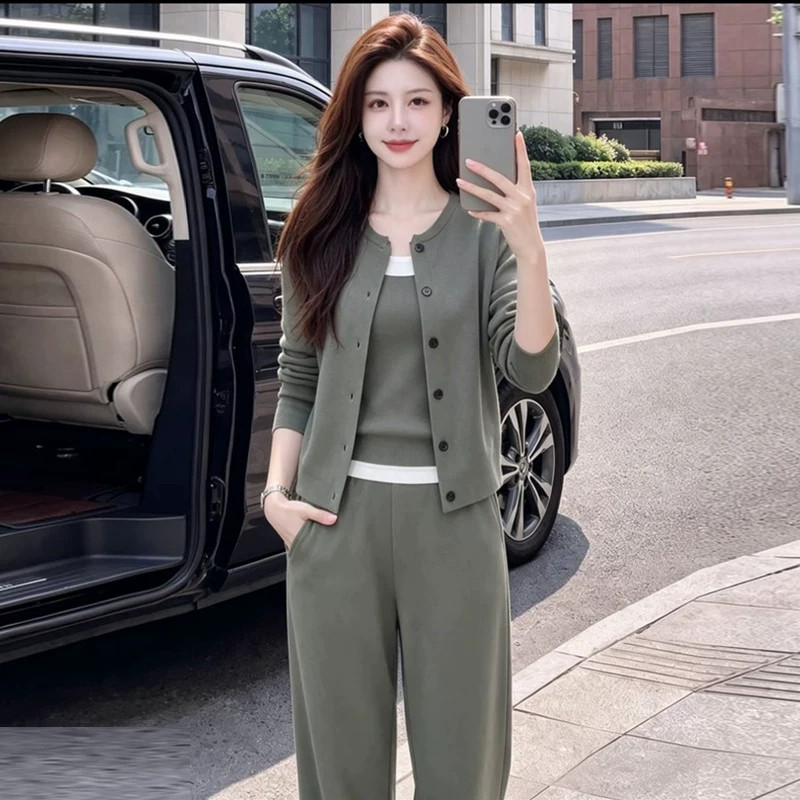 洋气休闲开衫背心阔腿裤套装女
