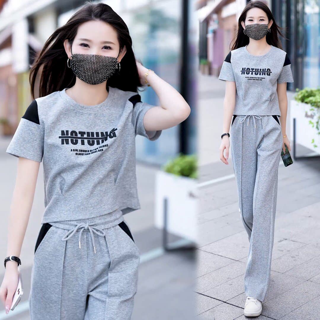 休闲短袖阔腿裤时尚两件套女2026夏季薄款韩版新款减龄运动套装