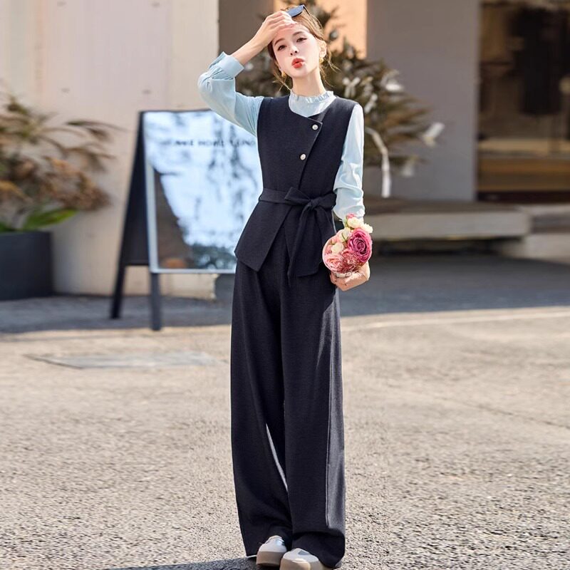 洋气马甲小衫阔腿裤三件套女2025新款高级感时尚气质通勤套装春装