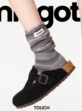 miu系潮流字母布标袜子女中筒袜秋冬灰色学院风条纹堆堆袜