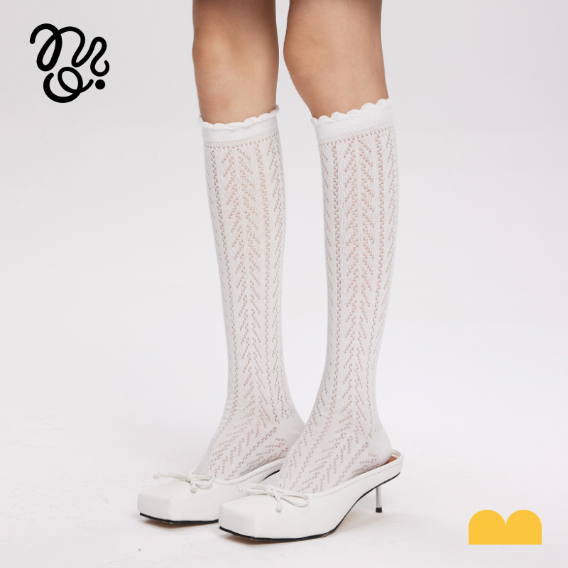 mingoto夏薄款复古百搭花边镂空小腿袜白色少女芭蕾风堆堆袜子女