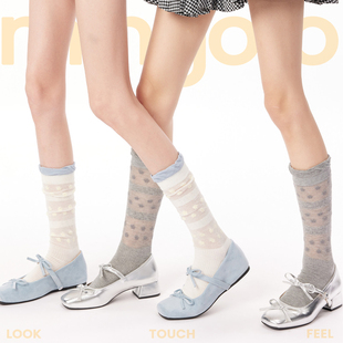 白色小腿袜女韩系甜美碎花长筒袜春夏款 网眼透气泡泡花边堆堆袜