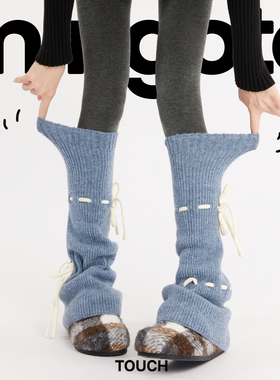 秋冬加厚保暖腿袜防下滑蓝色微喇长筒袜女2025新款甜美少女蝴蝶结