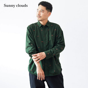 桑妮库拉 clouds Sunny 男式 纯棉落肩火烈鸟刺绣衬衫