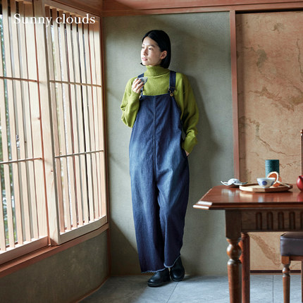 桑妮库拉/Sunny clouds纯棉宽松牛仔背带裤做旧长裤女冬